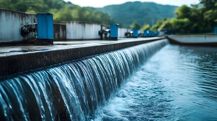 Poster - closeup view of a hydroelectric power station with water flowing into a reservoir surrounded by natu