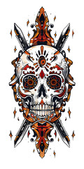 Wall Mural - Tribal Skull and Crossed Chainsaws tattoo flash styles illustration