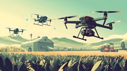 Poster - advanced drone technology surveying a smart farm equipped with internet of things iot sensors and sy