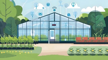 Poster - innovative graphic depicting an iot controlled greenhouse with advanced temperature and humidity sen
