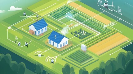 Poster - graphic depicting iot powered pest control systems on a futuristic smart farm showcasing innovative 