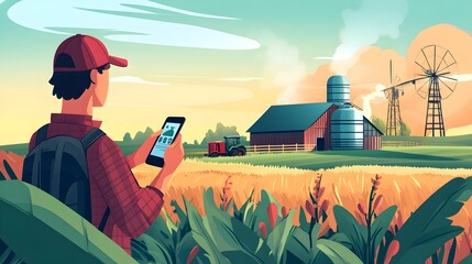 Poster - graphic of a farmer using a smartphone to monitor and control various internet connected devices and