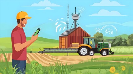 Poster - graphic of a farmer using a smartphone to control and monitor various iot internet of things devices