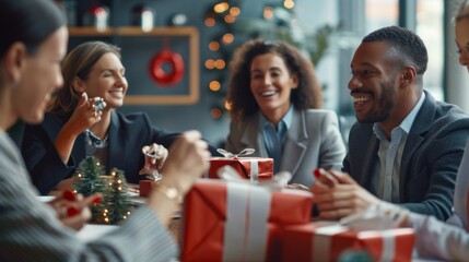 Wall Mural - A group of people are sitting around a table with red presents in front of them