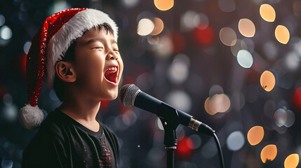 Canvas Print - Young boy in a santa hat singing into a microphone with festive christmas lights in the background