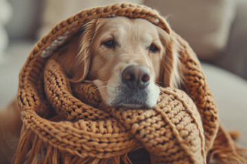 Wall Mural - a dog wrapped up in a blanket on a couch