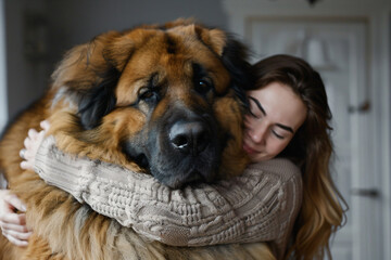 Wall Mural - a woman hugging a large dog in a room