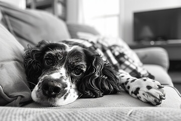 Wall Mural - a dog laying on a couch with a blanket