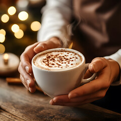 Hands present a cup of rich hot chocolate with a spring cocoa powder and cinnamon