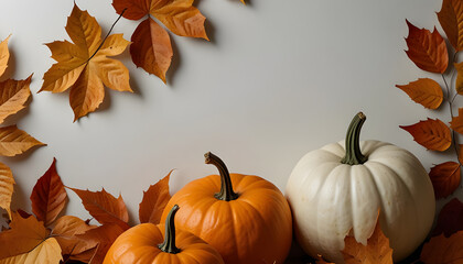 top view of halloween pumpkins and animate leaves frame with white background. generative ai