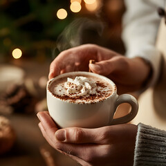 Hands present a cup of rich hot chocolate with a spring cocoa powder and whipped cream