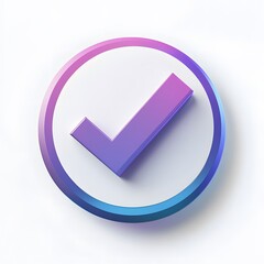 
3d check icon, checklist tick, done mark. Vector realistic plastic style checkmark, symbol of selection, confirmation or approval. purple and blue circle with a white, white background