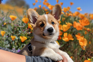 Wall Mural - a person holding a dog in a field of flowers