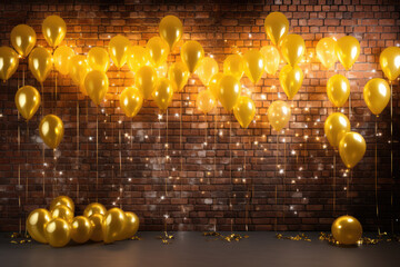 old bricks wall background with many yellow  balloon s as the celebration new year  party card banner