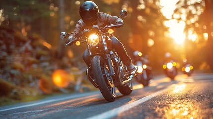 Motorcycle riders on a scenic road at sunset.