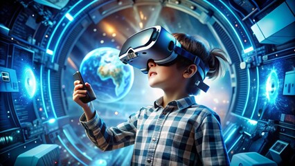 Curious young boy with VR headset exploring virtual world, surrounded by futuristic gadgets, embodying the innovative spirit of the new digital generation.