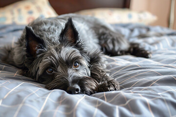 Wall Mural - a dog laying on a bed with a blue comforter