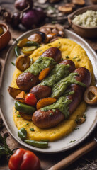 Wall Mural - Chorizo Verde sausage with polenta and roasted vegetables