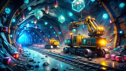 Aufkleber - Digital 3D illustration of a futuristic underground mine with robotic drilling machines, glittering gems, and neon-lit tunnels, conveying advanced technology and mineral exploration.