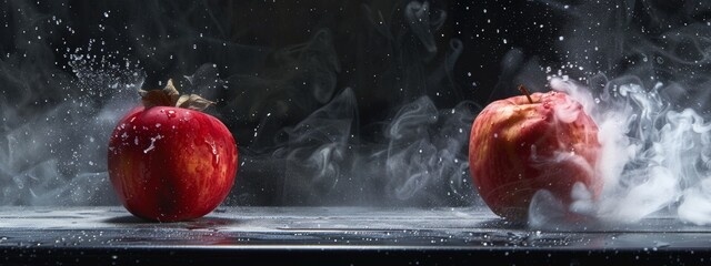 Artistic apples in motion with water splashes and steam effect