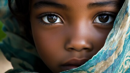 Close-up portrait of a young girl with dark eyes looking directly at the camera.