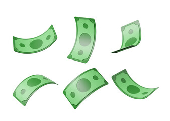 Poster - Various green dollar bills floating in different orientations on a white background. Concept of money, finance, and wealth. 3D rendering