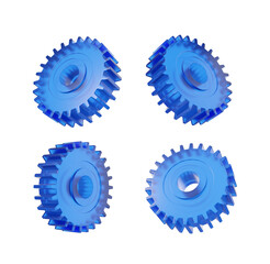 Poster - Four blue mechanical gears isolated on a white background. 3D rendering. Concept of machinery, engineering, and technology