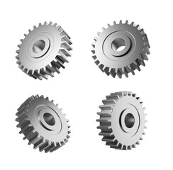 Poster - Four metallic gears shown from different angles, highlighting their intricate design on a white background. Concept of machinery and engineering. 3D Rendering