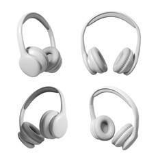 Poster - Set of modern white headphones shown from different angles on a background. 3D rendering. Concept of audio equipment and technology