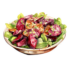 Appetizing illustration of a fresh beet salad with leafy greens, perfect for healthy eating and vegetarian meal concepts.