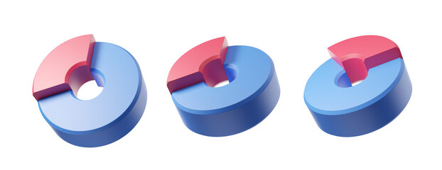 Poster - Three blue and pink 3D donut charts with different segments removed, displayed on a white background. Concept of data visualization and statistical analysis. 3D Rendering