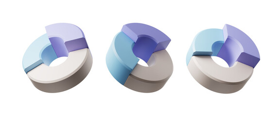 Poster - Three segmented torus shapes rendered in 3D with varying blue and purple gradients. Each shape has a unique segment cut. Concept of geometric design and visualization. 3D Rendering.