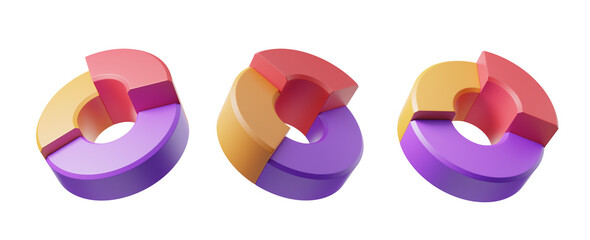 Leinwandbilder - Three colorful segmented rings displayed on a white background. Each ring has sections in purple, yellow, and red shades. Concept of abstract shapes. 3D Rendering