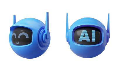Poster - Two blue robot heads with different facial expressions on a white background. One has a smiley face, and the other has AI displayed on the screen. 3D Rendering