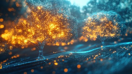 Wall Mural - Glowing Trees in a Digital Forest