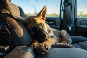 Wall Mural - a dog is sleeping in the back seat of a car