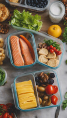 Wall Mural - Meal prep containers with salad salmon fruit polenta cookies sausage vegetables potatoes and snacks