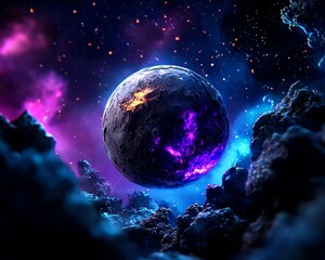 Wall Mural - A stunning cosmic scene featuring a colorful planet amidst vibrant nebulae and sparkling stars, igniting the imagination of space lovers.