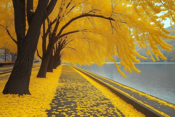 A beautiful lakeside path in a park, lined with golden ginkgo trees and fallen leaves all over the ground