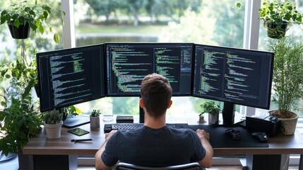 Programmer integrating API with website on a dual monitor setup efficient web development process