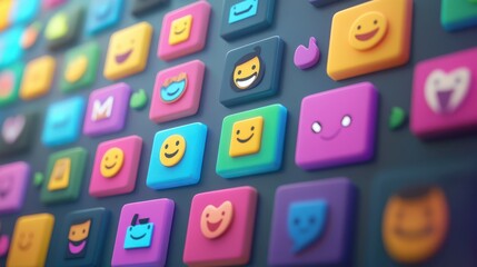 Aufkleber - A vibrant collection of 3D emoji icons in various colors displayed on a dark background, representing digital communication and modern design.
