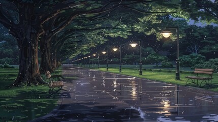 Poster - A row of street lamps illuminates the wet pavement under an overhanging tree