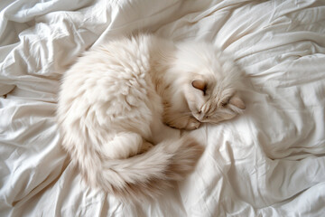 Wall Mural - a white cat sleeping on a bed with white sheets