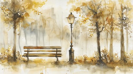 Canvas Print - hyper-realistic street bench in the city with a lamp post 