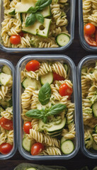 Wall Mural - Pasta salad in meal prep containers with bowtie pasta zucchini cheese and pesto