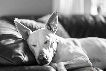 a dog laying on a couch with its head on a pillow