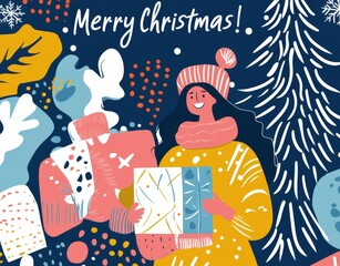 Wall Mural - A cheerful woman dressed warmly holds beautifully wrapped gifts while surrounded by colorful holiday decorations, celebrating the joyful Christmas season