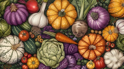 Poster - An assortment of colorful vegetables features pumpkins, carrots, garlic, and various greens carefully organized against a neutral backdrop, showcasing their natural beauty and freshness