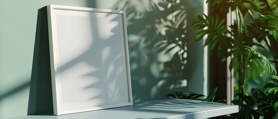 A blank frame rests on a stylish table, surrounded by lush green plants, capturing natural light and vibrant shadows.