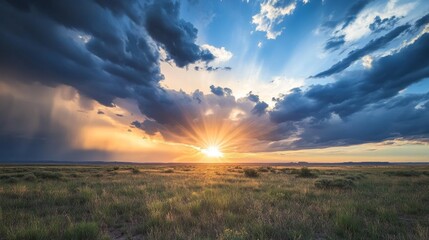 Fototapete - Sun setting behind a line of thunderstorms on the horizon dramatic weather